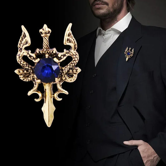Man wearing black suit with luxury decorative brooch lapel pin for formal fashion style