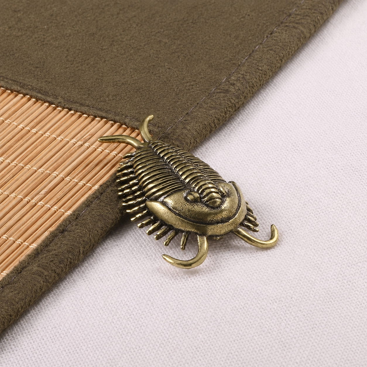Detailed Brass Trilobite Ornament on Textured Surface Close Up