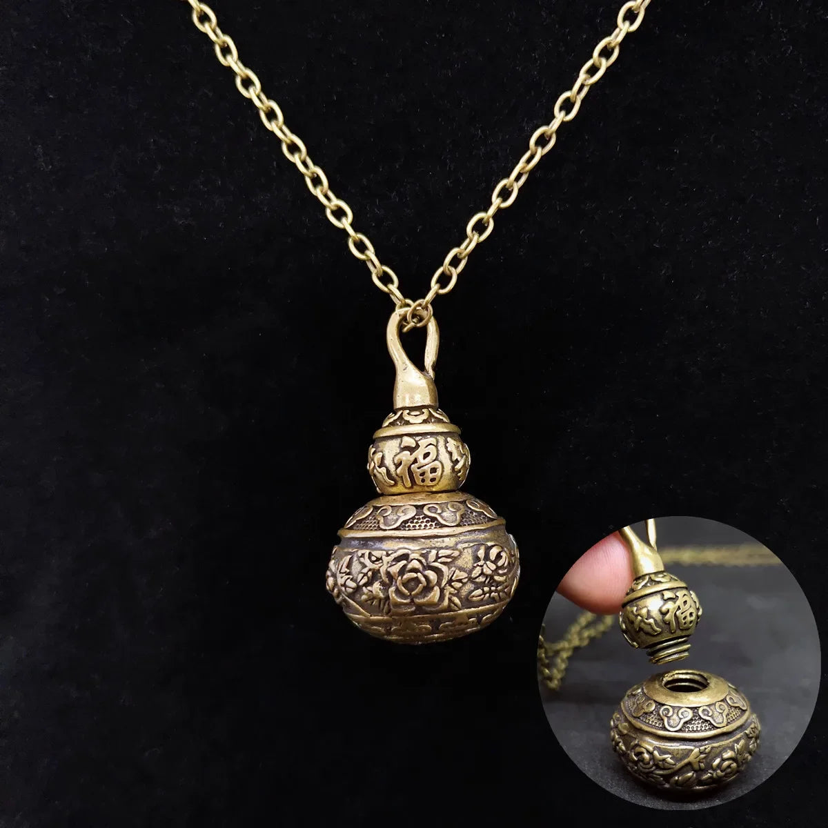 copper alloy gourd urn pendant necklace featuring secret storage compartment and vintage floral engraving