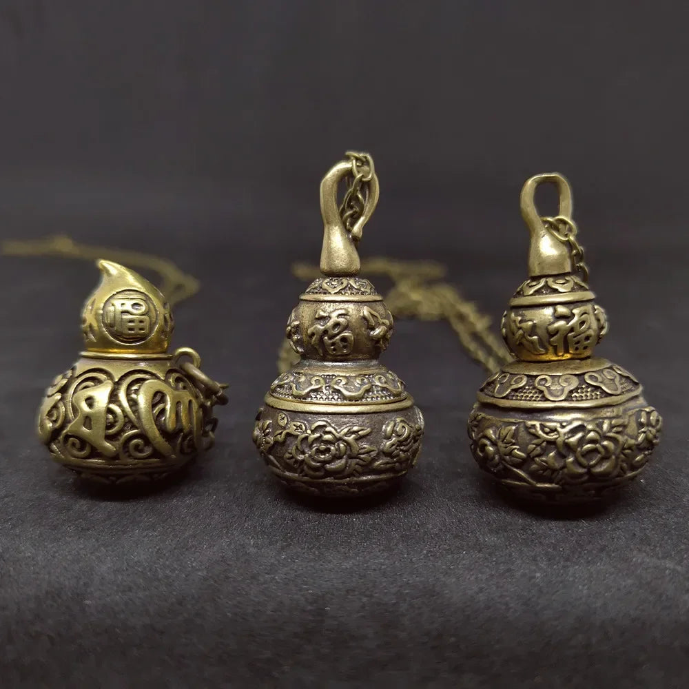 Vintage bronze gourd urn pendant necklace with hidden storage compartment and antique engraved design
