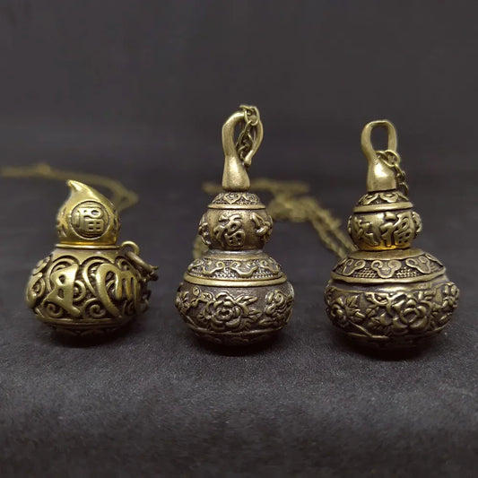 Vintage bronze gourd urn pendant necklace with hidden storage compartment and antique engraved design