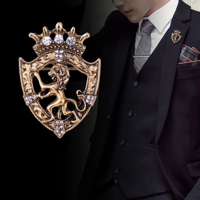 Man wearing formal suit with luxury lion crown brooch accessory