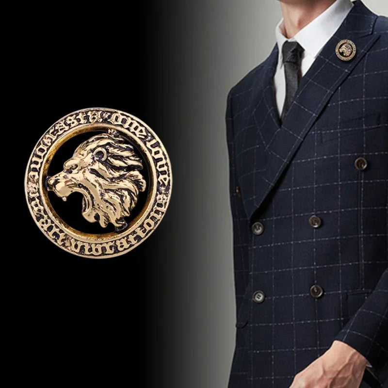 Man wearing navy blue checkered suit with lion brooch accessory