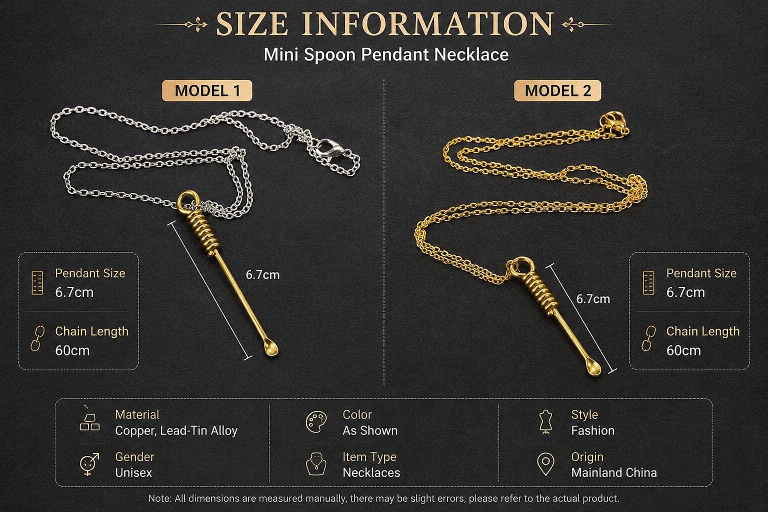 Size information chart for mini spoon pendant necklaces showing pendant length and chain dimensions