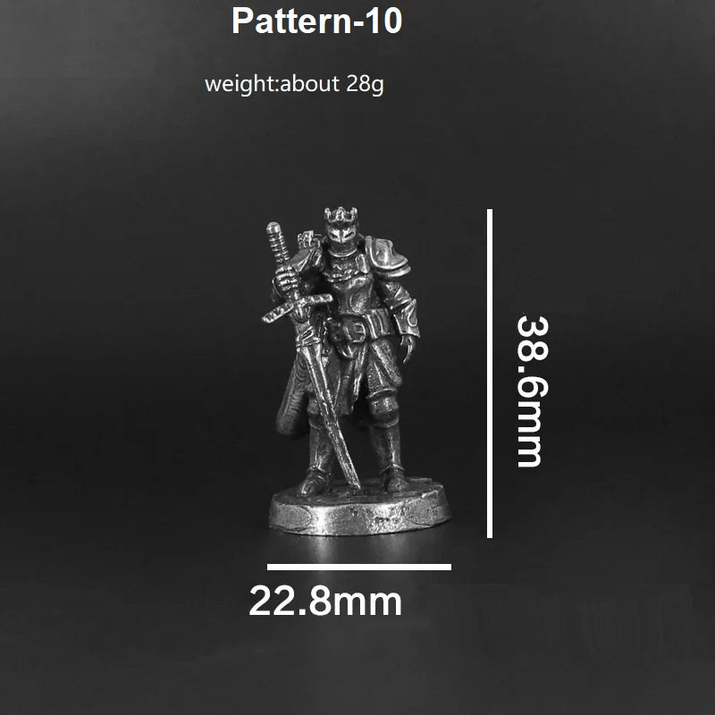 Miniature figurine with measurements on a dark background