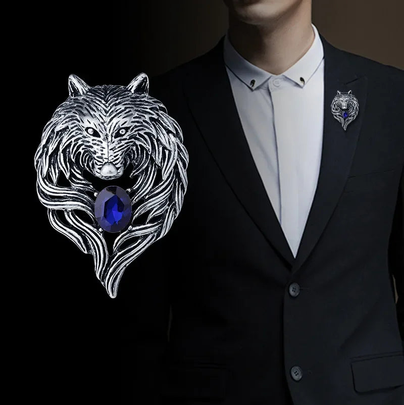 Man wearing vintage wolf brooch pin on black suit lapel