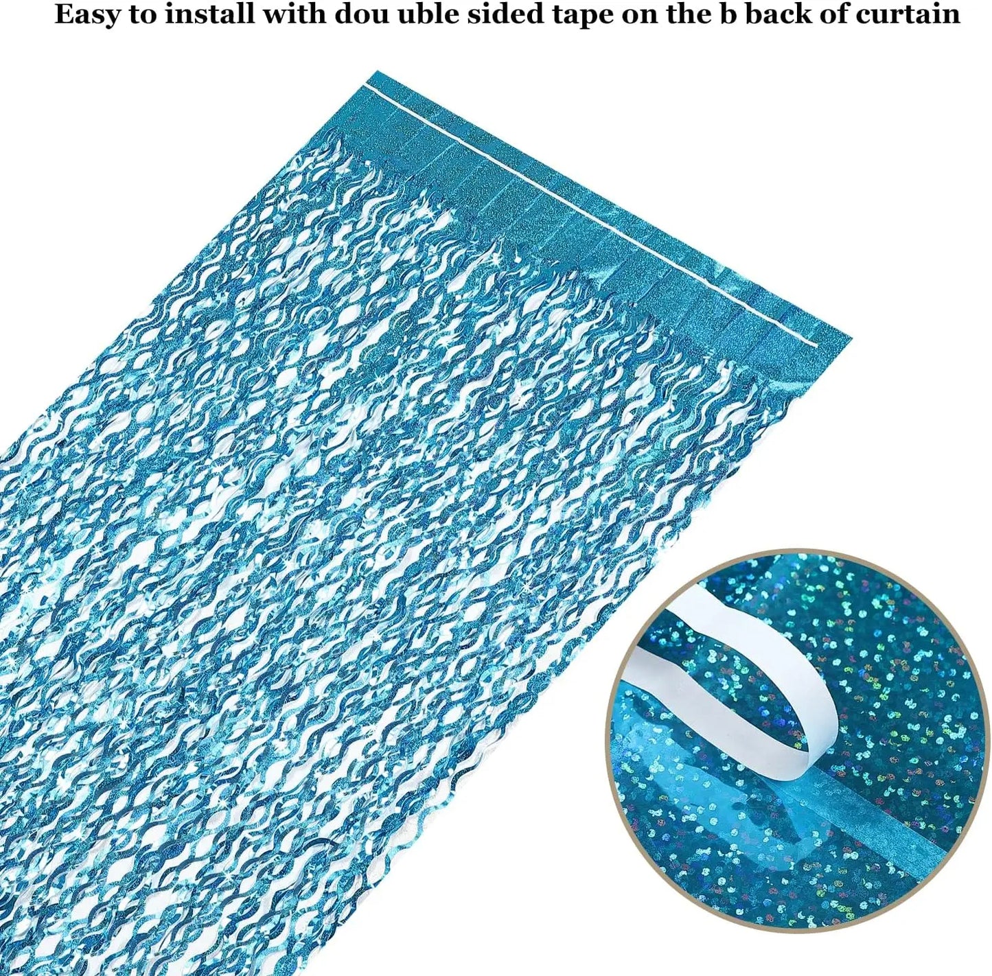 Easy install blue foil fringe backdrop curtain with strong adhesive top strip