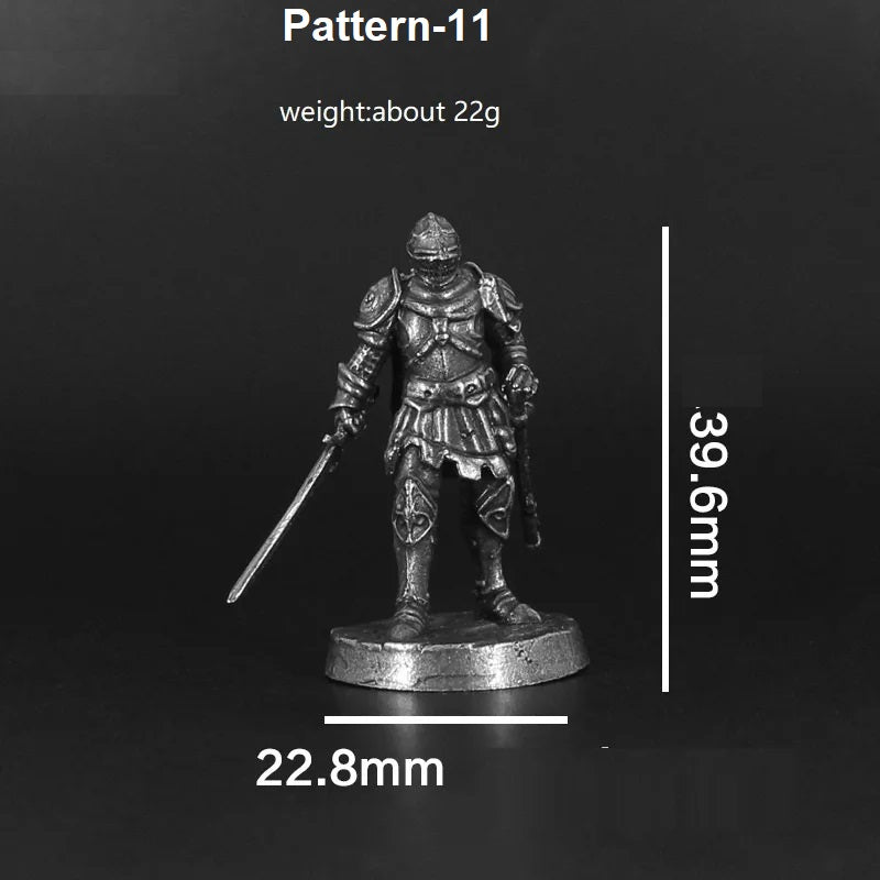 Metallic figurine of a warrior with measurements on a black background