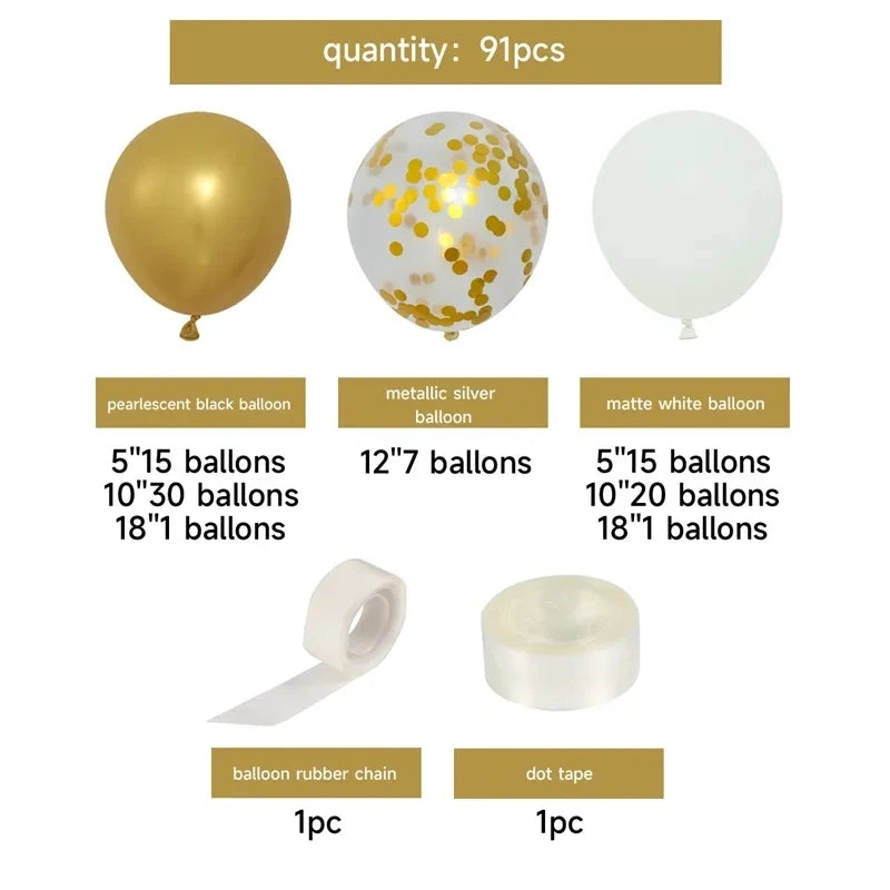 Balloon set packaging graphic showing three balloon types and accessories: a pearlescent black balloon, a metallic silver balloon with gold confetti, and a matte white balloon, along with balloon rubber chain and dot tape. Text indicates a 91-piece quantity and lists balloon sizes and counts.