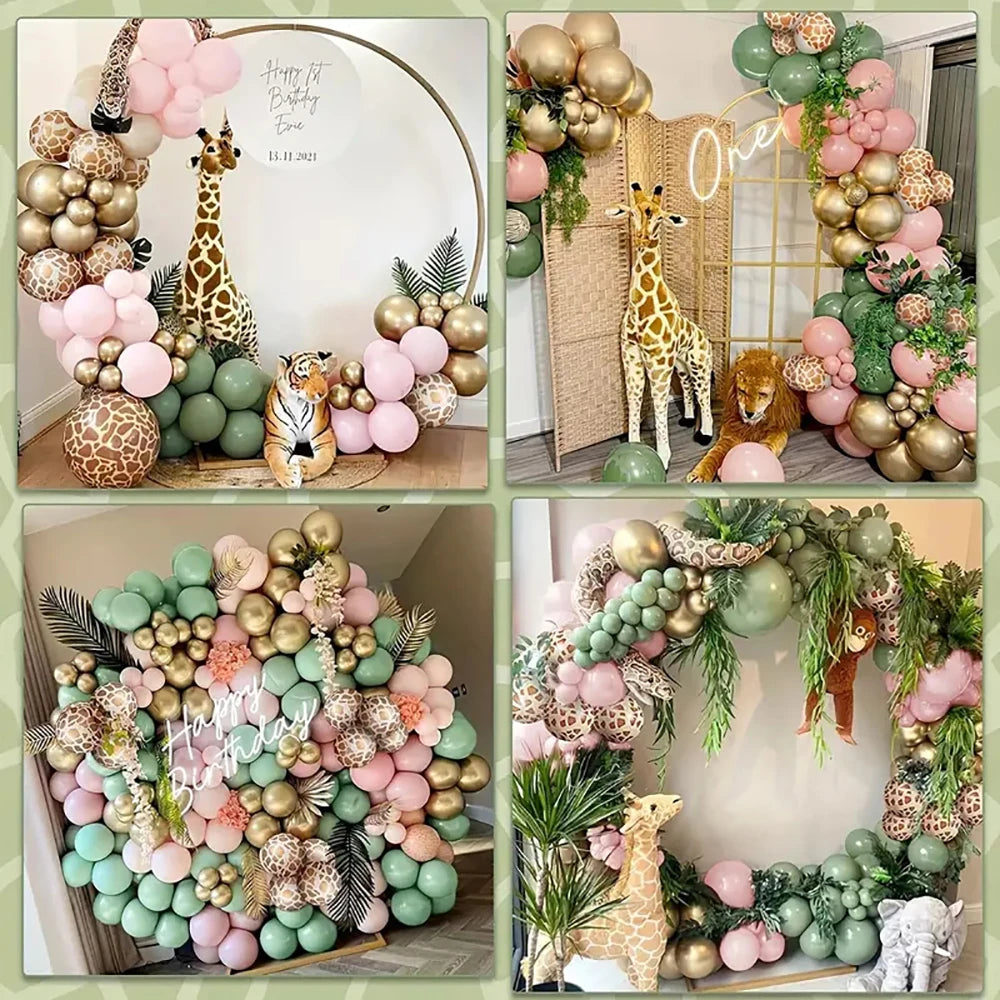 A four-panel collage showing safari-themed party decorations, including balloon garlands in pink, gold, and green, giraffe and lion figurines, a script screen, and a decorated photo frame.